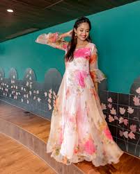Pink Floral Organza Dress Floral Long Frocks Organza Dress Kids Party Wear Dresses