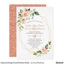 Luxury Living Coral Flowers Gold Wedding Invitation Zazzle Com Gold Wedding Invitations Geometric Wedding Invitation Wedding Invitations With Pictures