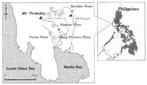 Ancestral pinatubo was an andesite and dacite stratovolcano whose centre was in the same location of the current volcano. Location Of The Soil Sampling Sites On The East Side Of Mt Pinatubo Download Scientific Diagram