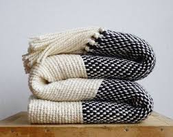 Black And White Striped Blanket Raw Wool Striped Blanket Grey Ecru Chunky Knit Blanket Throw Woven Organic Undyed Wool Sheep Knitted Blankets Boho Bedding Chunky Knit Blanket