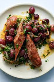 Roasted Sausages With Grapes And Onions Recipe Recipe Nyt Cooking Recipes Onion Recipes