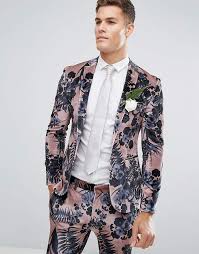Black And White Floral Suit Harry Styles Bold And Beautiful Asos Wedding Super Skinny Suit Jacket In Dusky Pink Floral Printed Velvet Pink Prom Suit Skinny Suits Asos Menswear