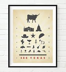 See Texas Eye Chart Art Print Unframed Longhorn Cowboy