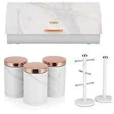 Grey, white and gold marble. Tw Tower Set Of 6 Rose Gold White Marble Effect Tower Stylish Kitchen Accessories Bread Bin 3 Matching Canisters Towel Pole And Mug Tree Buy Online In Kyrgyzstan At Desertcart Kg Productid 104321927