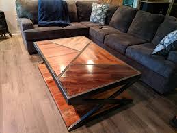 Cherry clear epoxy coffee table. First Piece Of Furniture I Ve Built Steel And Wood Coffee Table Some Friends Wedding Gift Top Is Cherry Oak Walnut And Maple Bottom Is Beach Woodworking