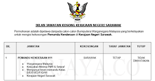 Pelbagai jawatan kosong ditawarkan di negeri sarawak ~ kekosongan jawatan yang ditawarkan di pelbagai lokasi seluruh negeri (tertakluk kepada tarikh tutup setiap jawatan) kepada mereka yang berminat untuk memohon jawatan kosong terkini yang diiklankan di portal rasmi jawatan malaysia. Jawatan Kosong Terkini Kerajaan Negeri Sarawak Pemandu Kenderaan H11 Kerja Kosong Kerajaan Swasta