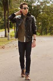 Men S Black Leather Bomber Jacket Olive Short Sleeve Shirt Navy Skinny Jeans Brown Leather Desert Boots Black Jeans Men Jeans Outfit Men Mens Outfits