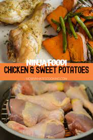 Ninja Foodi Chicken Legs With Vegetables Air Fryer Recipe Chicken Leg Recipes Boneless Chicken Thigh Recipes Chicken Sweet Potato