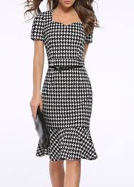Black And White Houndstooth Print Peplum Hem Pencil Dress Women Bodycon Dress Fashion Houndstooth Dress