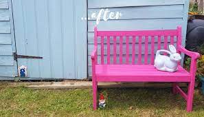 Revamping Our Garden Furniture With Pinty Plus Spray Paint Confessions Of A Crummy Mummy Painted Garden Furniture Pink Bench Pink Spray Paint