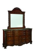 The large decorative pilasters and detailed appliques create visual depth. North Shore Panel Bed Beds Furniture Deals Online