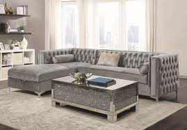508280 2 Pc Bellaire Silver Velvet Fabric Sectional Sofa Set With Tufted Backs Stor Fabric Sectional Sofas Living Room Sets Furniture Elegant Living Room Decor