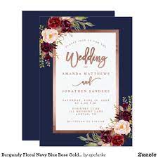 Burgundy Floral Navy Blue Rose Gold Script Wedding Invitation Zazzle Com Script Wedding Invitations Wedding Invitations Wedding Invitations Rustic
