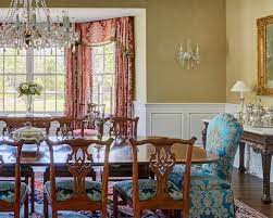 Even if you think a dining room is a great place to experiment with color, that doesn't mean you have to pick a bold wall color; Red Blue And Gold Dining Room With Bay Window Traditional Dining Room Milwaukee By Orren Pickell Building Group Houzz