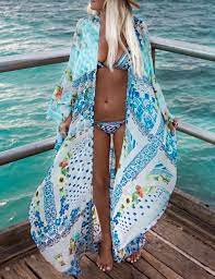 Sanifer Women S Boho Floral Printed Open Front Swimsuit Cover Up Plus Size Long Beach Cover Up Kimono Blue Beach Party Outfits Beachwear Beachwear For Women