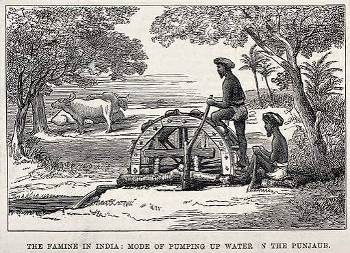 A man raising water with a water-wheel during a famine in India free public domain image | Look and Learn