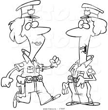 Ink black and white drawing of a pretty female police officer shooting from the gun. Vector Of A Cartoon Black And White Outline Design Of Two Female Cops Outlined Coloring Page By Toonaday 17837