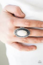 Features a dainty stretchy band for a flexible fit. Paparazzi Mesa Meadows White Stone Silver Frame Ring