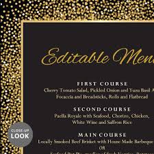 While the food is the main star of every dinner party, you can always add a little pizzazz to the meal with a fully customized menu card that will suit even the most discerning of palettes. Black And Gold Glitter Wedding Menu Card Printable Wedding Menu Code 016 Instant Download Diy Menu Card Dinner Party Menu Invitations Paper Weddings Cartamz Com
