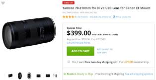 today only tamron 70 210 f 4 di vc usd lens for 399 at