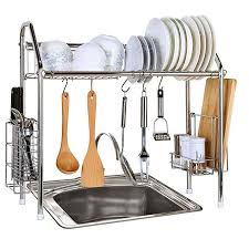 This is a deluxe version over the sink dish drying rack which including fruit & vegetable basket, dish rack, bowl rack, detergent rack, hooks, glasses holder, cutting board rack. 1208s Stainless Steel Over Sink Drying Rack Dish Drainer Rack Kitchen Organizer Single Groove Dish Rack Drying Kitchen Utensils And Equipment Sink Drying Rack
