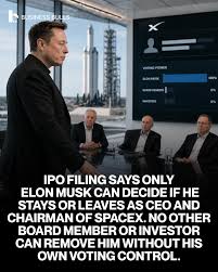 SpaceX IPO filing reveals unusual control structure for Elon Musk, reported  by Reuters. Only Musk can effectively remove himself as CEO or chairman  through voting rights tied to super-voting Class B shares,