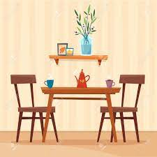 The best selection of royalty free dining room cartoon vector art, graphics and stock illustrations. Dining Table In Kitchen With Chairs Cups And Teapot Flat Cartoon Style Vector Illustration Stock Photo Picture And Royalty Free Image Image 123899744