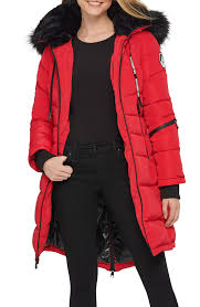Women S Karl Lagerfeld Paris Apres Ski Long Parka With Faux Fur Trim Size Large Red Long Parka Parka Quilted Parka