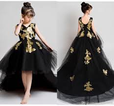 Sparkly Gold Embellished Lace Black Hi Low Girls Pageant Dresses Tulle Jewel Neck Applique R Kids Pageant Dresses Girls Pageant Dresses Black Flower Girl Dress
