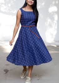 Blue Check Midi Dress With Belt Simple Frocks Casual Frocks Frock For Women