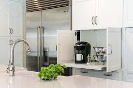 Vasagle alinru kitchen baker's rack, coffee bar with wire basket 6 hooks microwave oven stand metal frame wood look, 35.4, rustic brown. Pull Out Coffee Station Transitional Kitchen Benjamin Moore Simply White