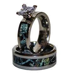 Black Camo On Silver Band Couples Ring Set With Stone Camo Promise Rings Camo Wedding Rings Couples Ring Set