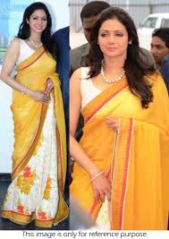 Sridevi Floral Print Saree Sky blue floral gota work organza saree with mirrorwork blouse. bollywood style sridevi georgette saree in yellow color