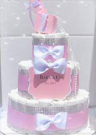 Pink Bling Diaper Cake Baby Co Personalized White Bows Etsy Bling Baby Shower Baby Shower Cakes Girl Pearl Baby Shower