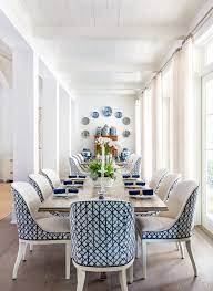 Coastal Dining Room With All White Walls White Curtains And White Tongue And Groove Ceiling Blue An Dinning Room Decor Dining Room Layout Blue Dining Chair