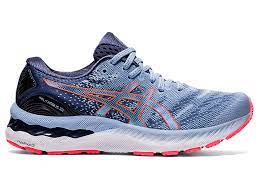 The upper is extremely secure, with a 360º fluid skin and strategic overlays, while the revolutionary gel® technology gives you more flexibility of movement in the rear and forefoot while protecting your feet and lower legs from impact on hard. Women S Gel Nimbus 23 Mist Blazing Coral Langer Laufen Asics
