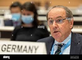 Thomas Goebel, ambassador of the Permanent Representative Mission of  Germany to Geneva, delivers her speech during a session of the Conference 
