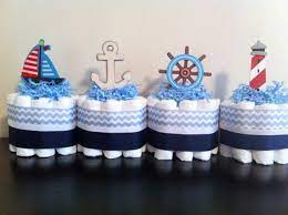 Set Of 4 Mini Nautical Diaper Cakes Light Blue Navy Chevron Polka Dot Diaper Cake Baby Shower Centerpieces Decor Boy Supplies Nautical Baby Shower Baby Boy Shower Baby Shower Centerpieces