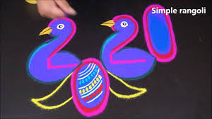 Simple Peacock Rangoli For Happy New Year 2020 Kolam Without Dots Sankranthi Peacock Muggulu In 2020 Peacock Rangoli Happy New Year 2020 Simple Rangoli
