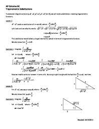 Y 3 w hen x 0 7. Trigonometric Substitution Worksheet Ap Calculus Bc By Ultramathrunner