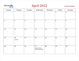 united states april 2022 calendar with holidays