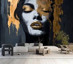Abstract Woman Face Wallpaper,black Gold Female Portrait Mural,golden  Paintings Wall Art Peel and Stick,custom Luxury Fashion Wallpaper