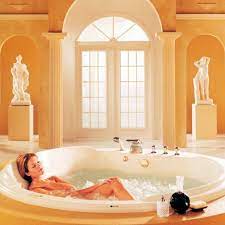 Designs by golden, travertine bathroom, shower, tub surround, floors. Large Round Sunken Bathtub So You Can Stretch Out Like A Happy Starfish 3 Round Bathtub Bathtub Modern Bathroom Design