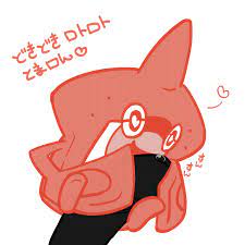 1boy ambiguous gender erection ghost handjob heart heart-shaped  pupils human interspecies japanese text nintendo nude open mouth penis pisho  pokemon pokemon sm precum red eyes red skin rotom rotom