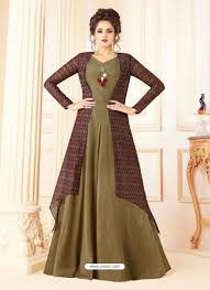Olive Green And Multi Colour Cotton Blend Printed Designer Gown Cotton Gowns Combination Dresses Full Sleeve Gowns