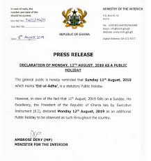 January february march april may june july august september october november december. Monday August 12 Declared A Holiday Ghheadlines Total News Total Information