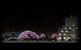 Digital Art Pixel Art Pixels Building Pixelated Trees Video Games Retro Games Night Dark Stars Cherry In 2021 Cherry Blossom Wallpaper Pixel Art Anime Wallpaper