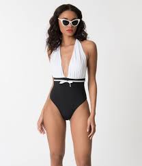 Black And White One Piece Bathing Suit Black White Color Block Halter Top One Piece Swimsuit Black And White Bikini Vintage Bathing Suits Retro Swimwear