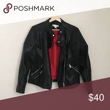 H M Leather Jacket Black Faux Leather Jacket Red Lining Collar Button And Zipper Details Real Pockets Never W Leather Jacket Jackets Black Faux Leather Jacket