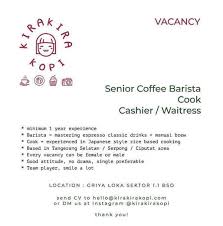 Lihat lowongan kerja di jora. Lowongan Kerja Barista Cook Kasir Waitress Di Kirakira Kopi Indah Pratiwi 11 Mar 2020 Loker Atmago Warga Bantu Warga